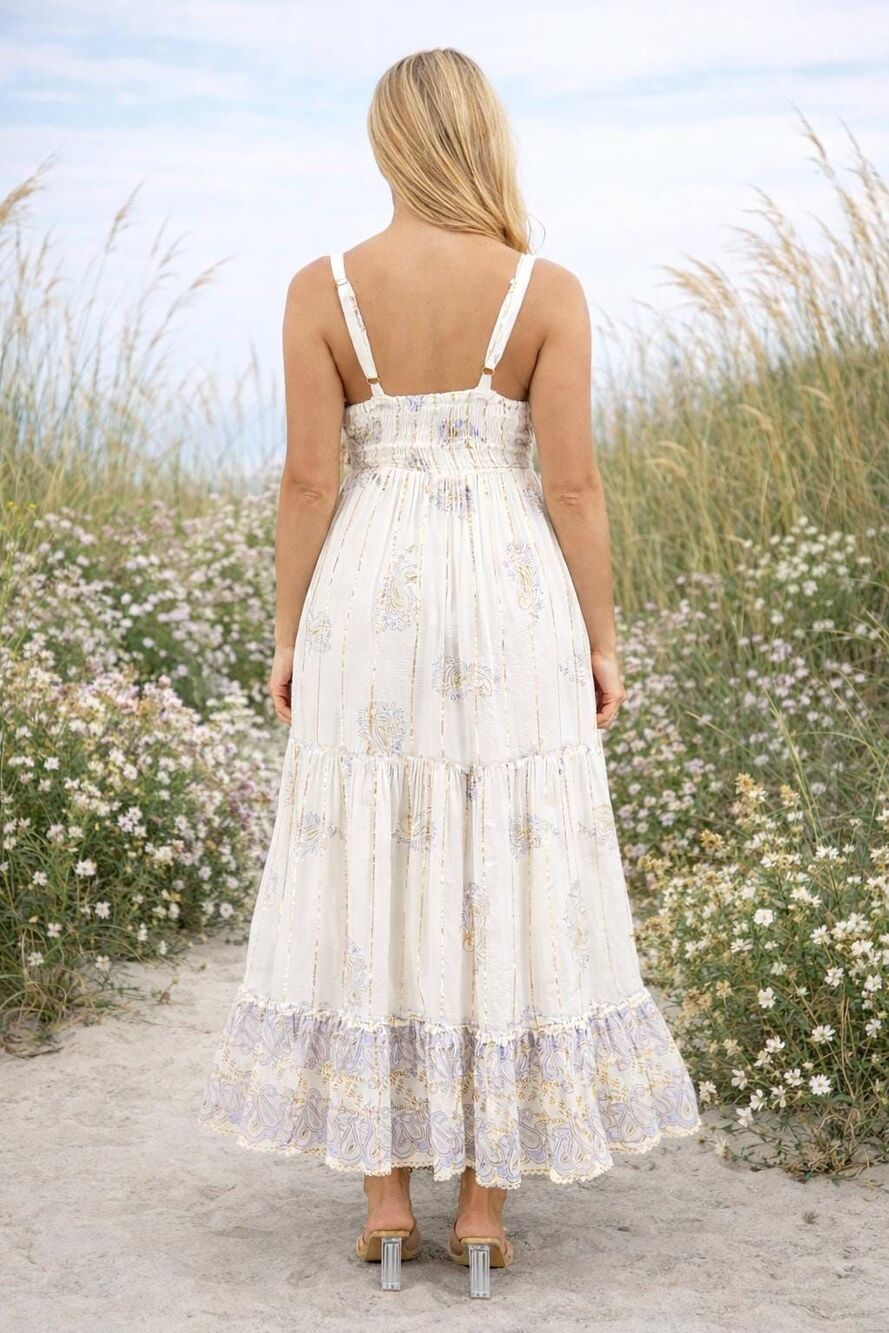 White & Lavender Coastal Maxi Dress Boho Vacation beach Resort - Picture 2 of 5